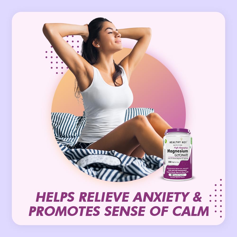 HealthyHey Nutrition Magnesium Glycinate High Absorption for Sleep, Cramps, & Nerves Health - 90 Vegetable Capsules