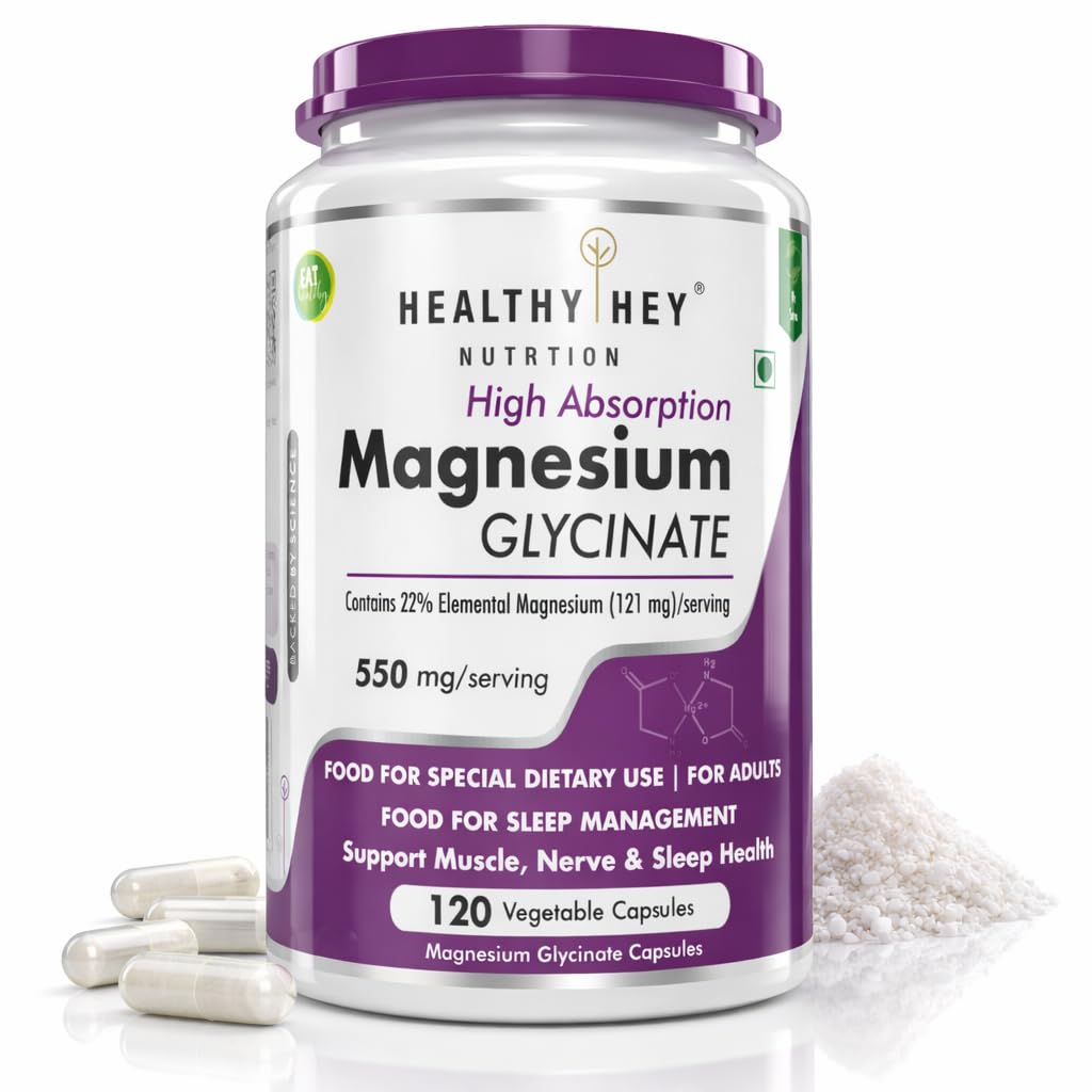 HealthyHey Nutrition Magnesium Glycinate High Absorption for Sleep, Cramps, & Nerves Health - 90 Vegetable Capsules