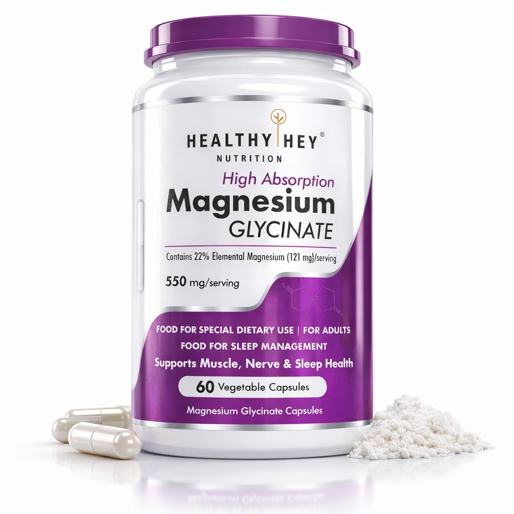HealthyHey Nutrition Magnesium Glycinate High Absorption for Sleep, Cramps, & Nerves Health - 90 Vegetable Capsules