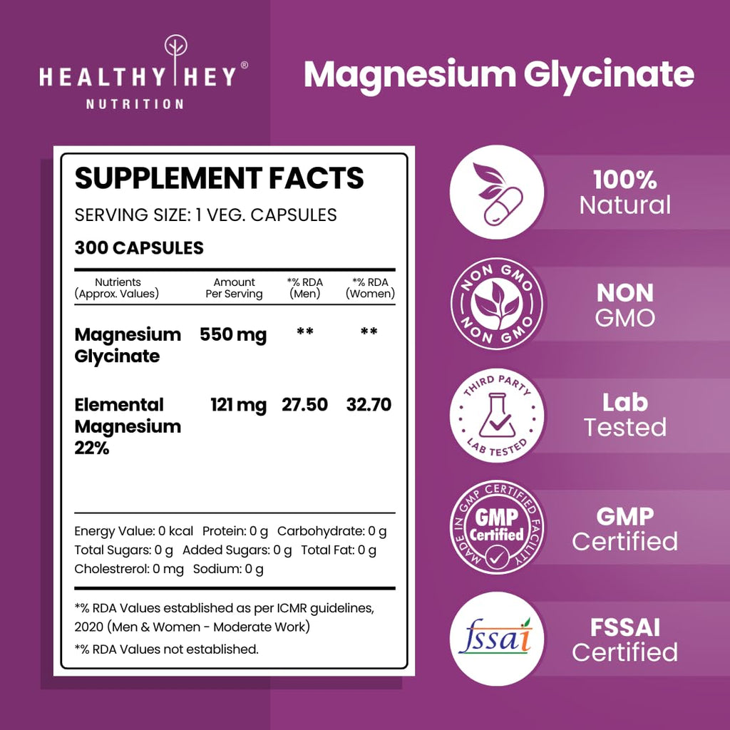 HealthyHey Nutrition Magnesium Glycinate High Absorption for Sleep, Cramps, & Nerves Health - 90 Vegetable Capsules