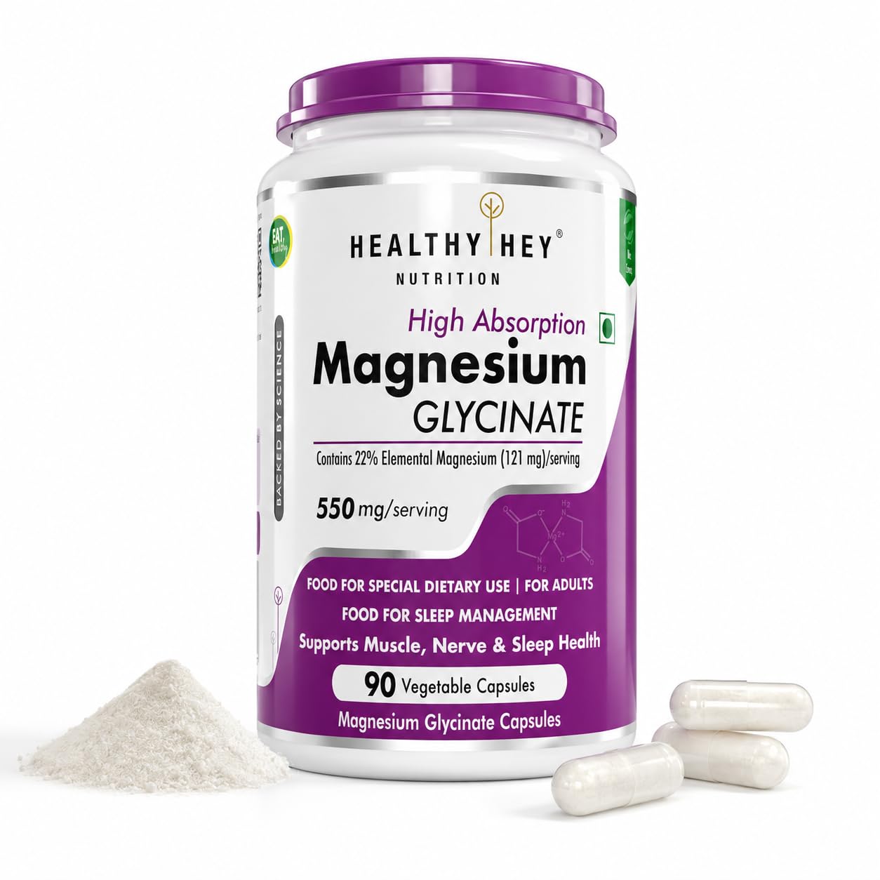 HealthyHey Nutrition Magnesium Glycinate High Absorption for Sleep, Cramps, & Nerves Health - 90 Vegetable Capsules