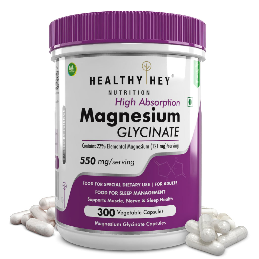 HealthyHey Nutrition Magnesium Glycinate High Absorption for Sleep, Cramps, & Nerves Health - 90 Vegetable Capsules
