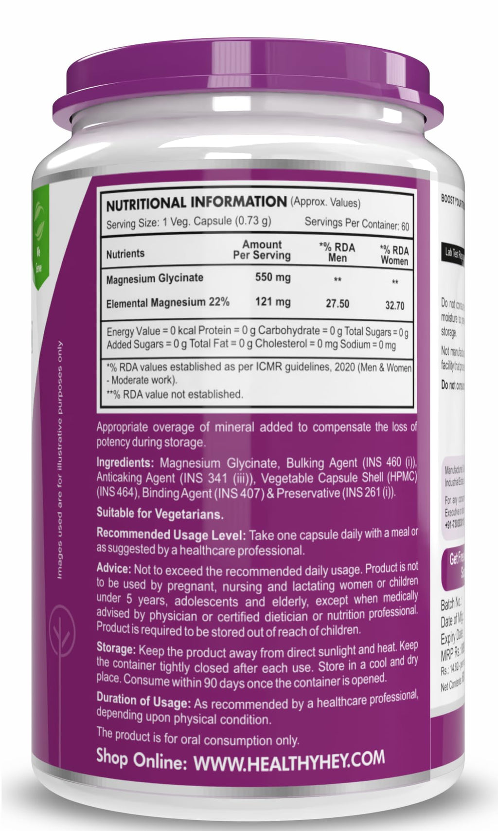 HealthyHey Nutrition Magnesium Glycinate High Absorption for Sleep, Cramps, & Nerves Health - 90 Vegetable Capsules