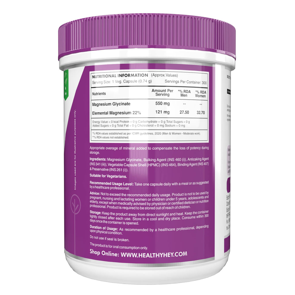 HealthyHey Nutrition Magnesium Glycinate High Absorption for Sleep, Cramps, & Nerves Health - 90 Vegetable Capsules
