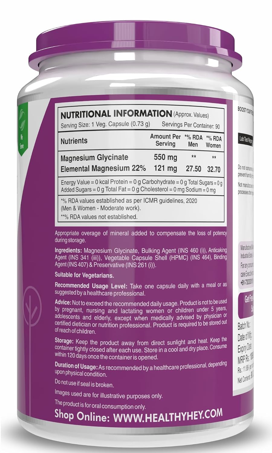 HealthyHey Nutrition Magnesium Glycinate High Absorption for Sleep, Cramps, & Nerves Health - 90 Vegetable Capsules