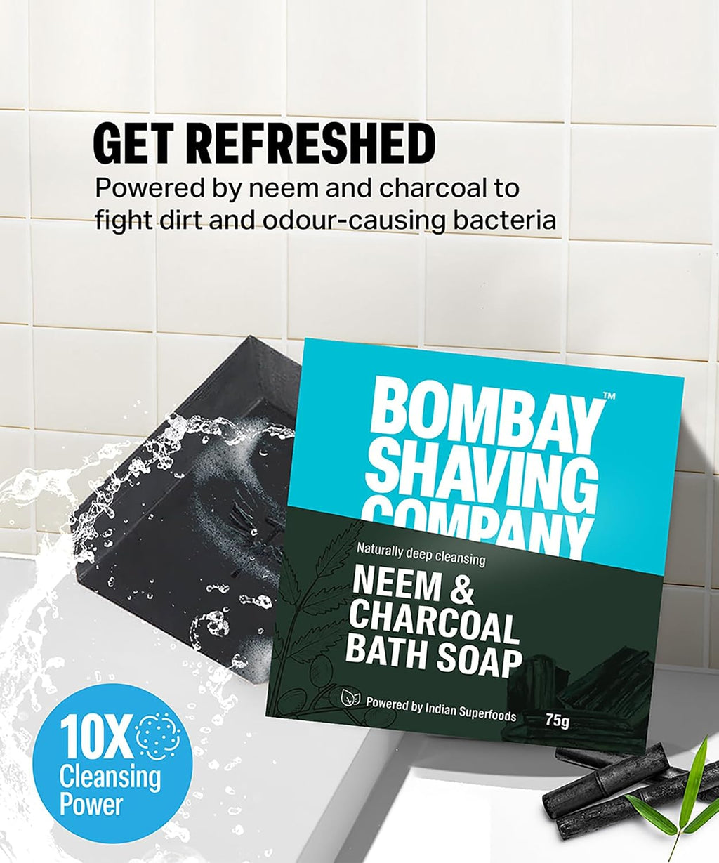 Bombay Shaving Company Premium Shaving Kit For Men | Charcoal Face Scrub, Charcoal Shaving Cream, Post Shave Balm, Neem & Charcoal Bath Soap, Face Towel | Travel Bag | Shaving Kit | Travel Kit For Men