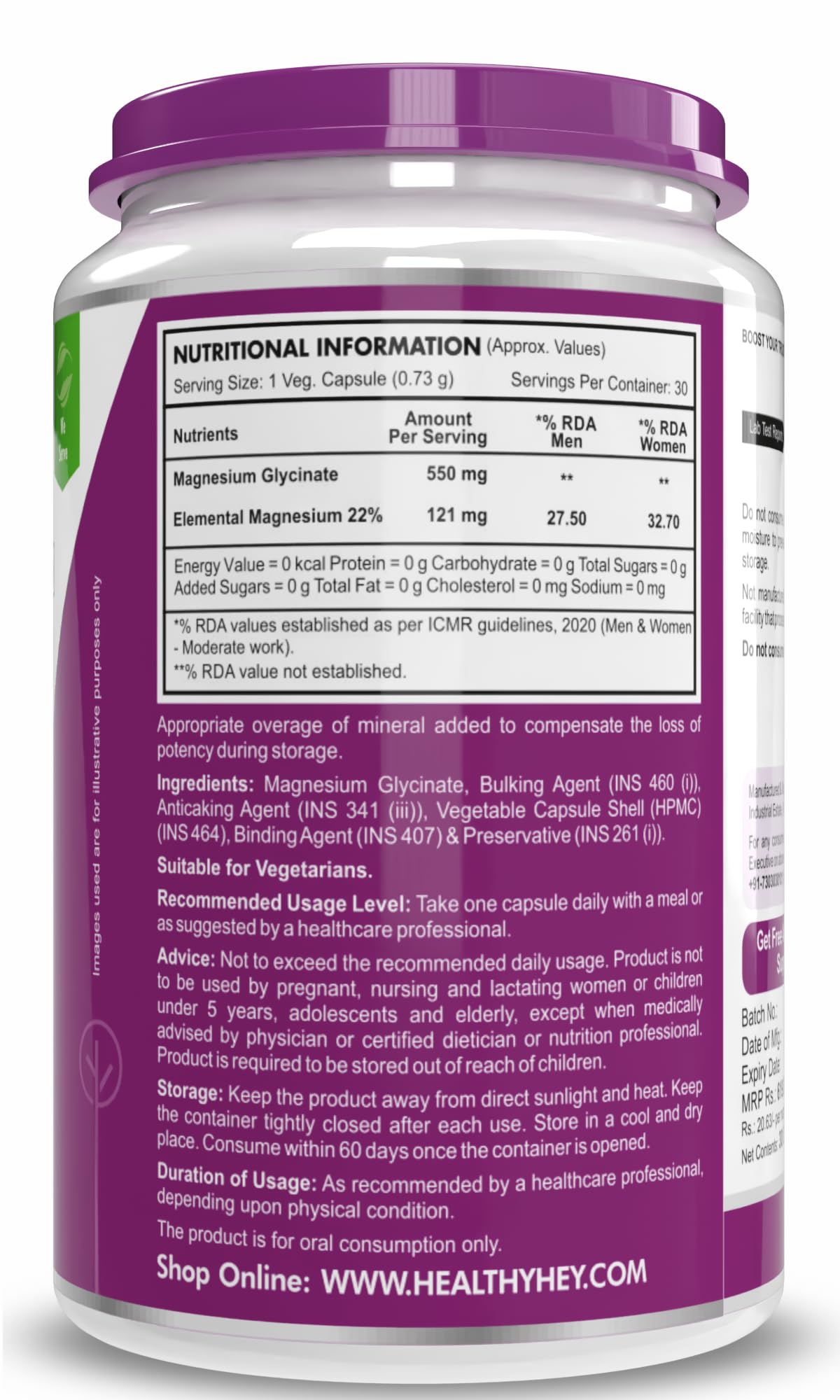 HealthyHey Nutrition Magnesium Glycinate High Absorption for Sleep, Cramps, & Nerves Health - 90 Vegetable Capsules