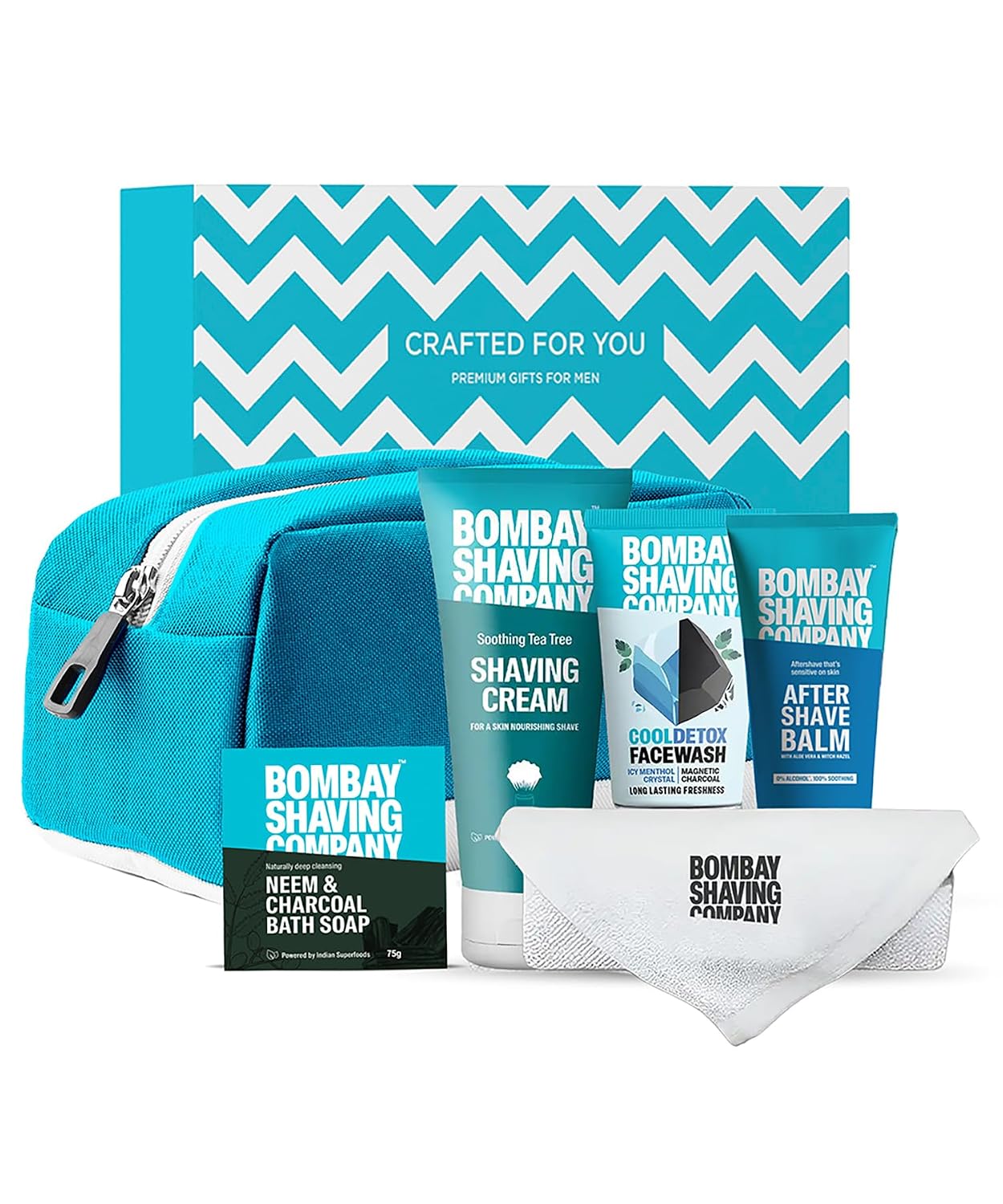 Bombay Shaving Company Premium Shaving Kit For Men | Charcoal Face Scrub, Charcoal Shaving Cream, Post Shave Balm, Neem & Charcoal Bath Soap, Face Towel | Travel Bag | Shaving Kit | Travel Kit For Men
