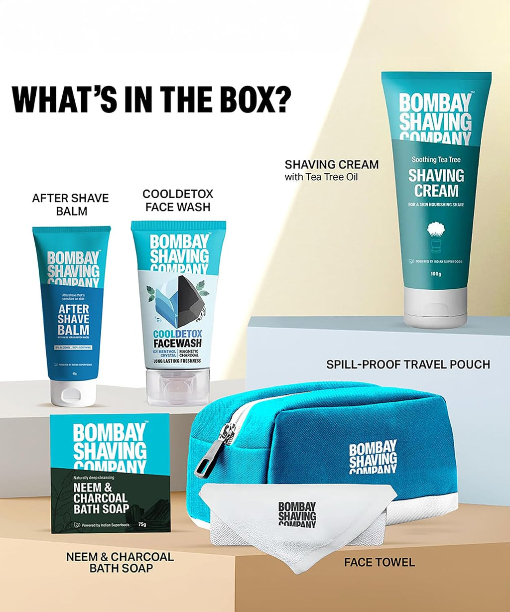 Bombay Shaving Company Premium Shaving Kit For Men | Charcoal Face Scrub, Charcoal Shaving Cream, Post Shave Balm, Neem & Charcoal Bath Soap, Face Towel | Travel Bag | Shaving Kit | Travel Kit For Men