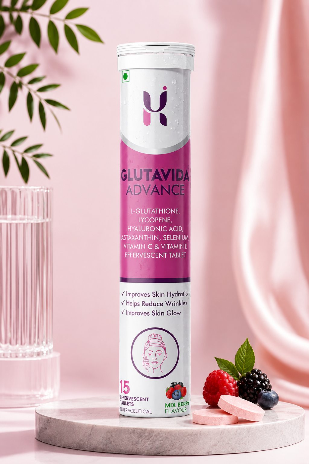 GLUTAVIDA ADVANCE Premium Glutathione Effervescent Tablets With Hyaluronic Acid, Lycopene, Vitamins C & E for Skin Hydration, Antioxidant Support And Healthy Glow.